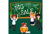 Back to School summer sale background. Boy and girl at the blackboard, education concept banner