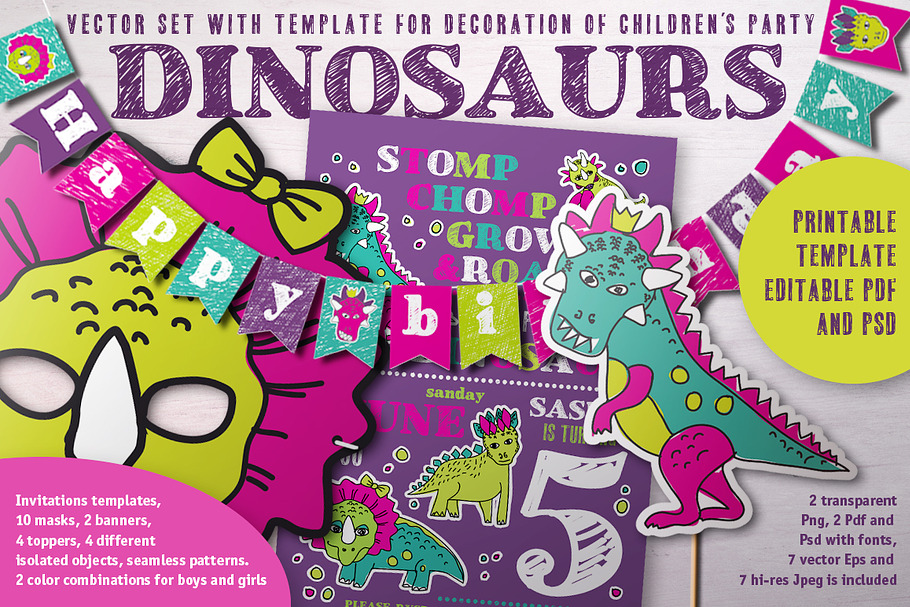 Dinosaurs Birtday decor set in Postcard Templates - product preview 8