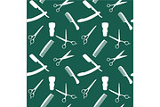 Barber Shop or Hairdresser background, seamless pattern with hairdressing scissors, shaving brush, razor, comb for man salon vector illustration