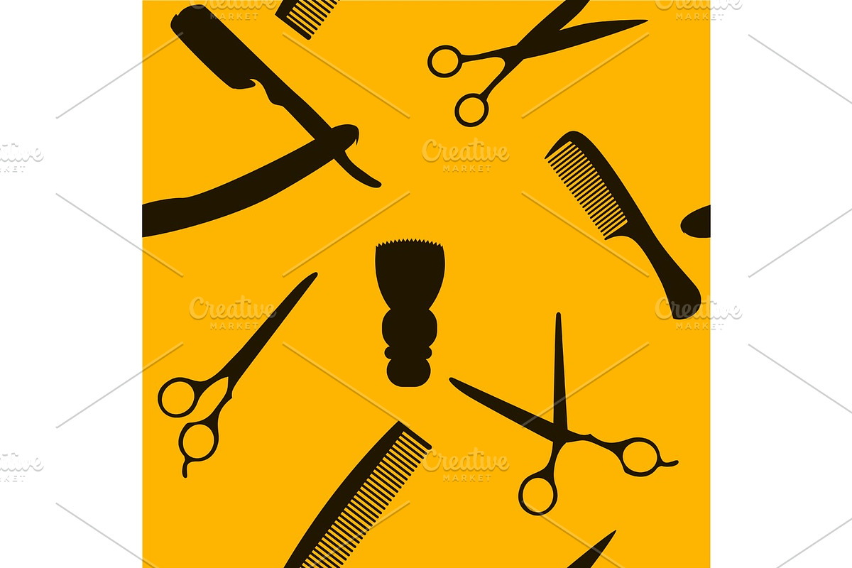 Barber Shop or Hairdresser background, seamless pattern with hairdressing scissors, shaving brush, razor, comb for man salon vector illustration in Textures - product preview 8