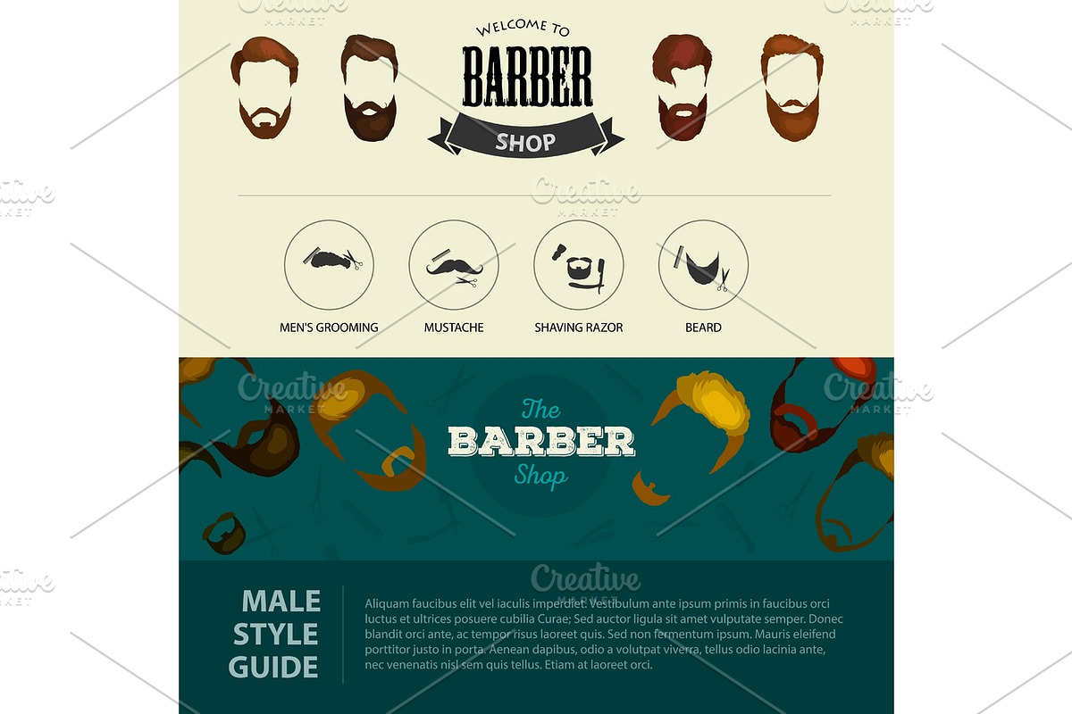 Barber Shop or Hairdresser background set with hairdressing scissors, shaving brush, razor, comb for man salon vector illustration in Textures - product preview 8