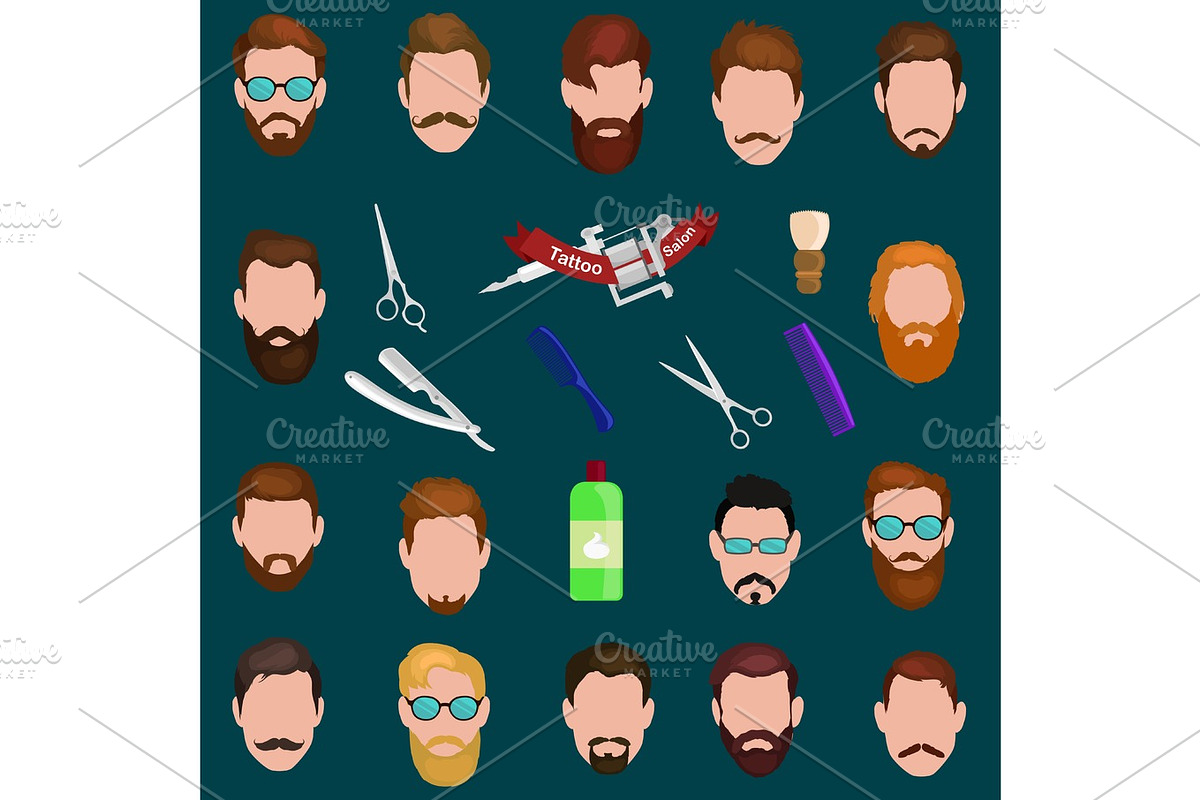 Set of men cartoon hairstyles with beards and mustache. Collection  fashionable stylish   . Vector illustration  isolated hipsters  on a white background. in Textures - product preview 8