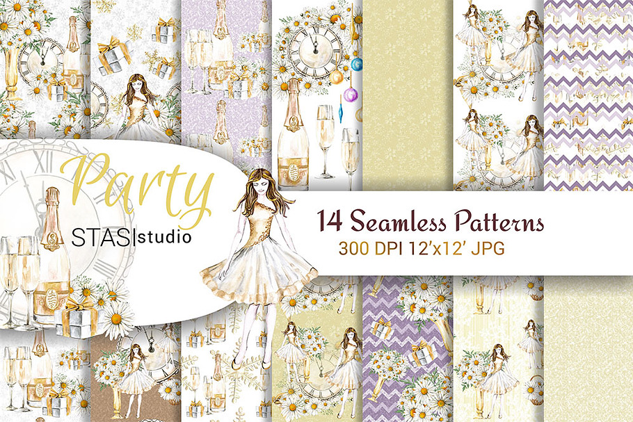 Party Watercolor Seamless Patterns