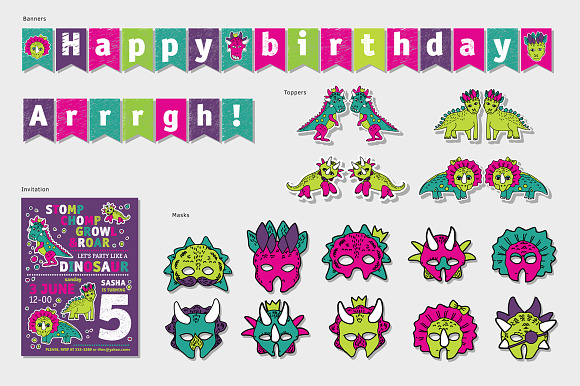 Dinosaurs Birtday decor set in Postcard Templates - product preview 3