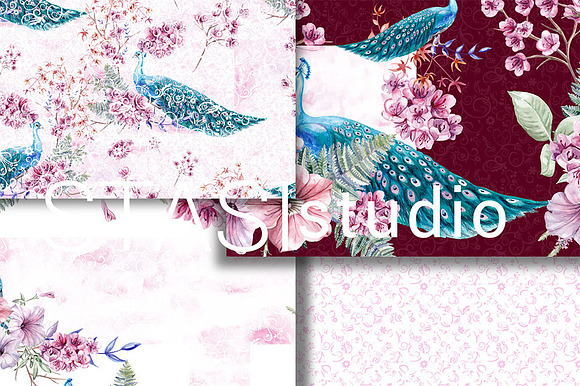 Peacock Watercolor Handpainted Paper in Patterns - product preview 1