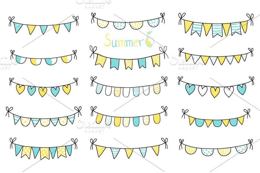 Yellow blue doodle bunting clip art