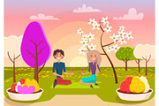 Couple Has Picnic with Wine at Park Illustration