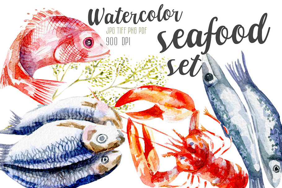 Watercolor seafood set in Illustrations - product preview 8