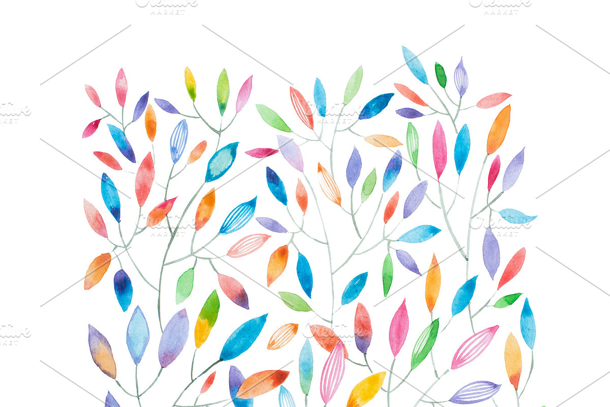 Watercolor painting of thin tree branches with multicolored leaves in Textures - product preview 8