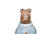 Watercolor illustration for children of cartoon brown bear wearing warm sweater holding a flowerpot with a flower