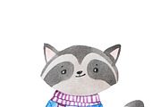 Hand drawn cartoon character. Shy cute little baby raccoon wearing scarf and shirt holding a flower