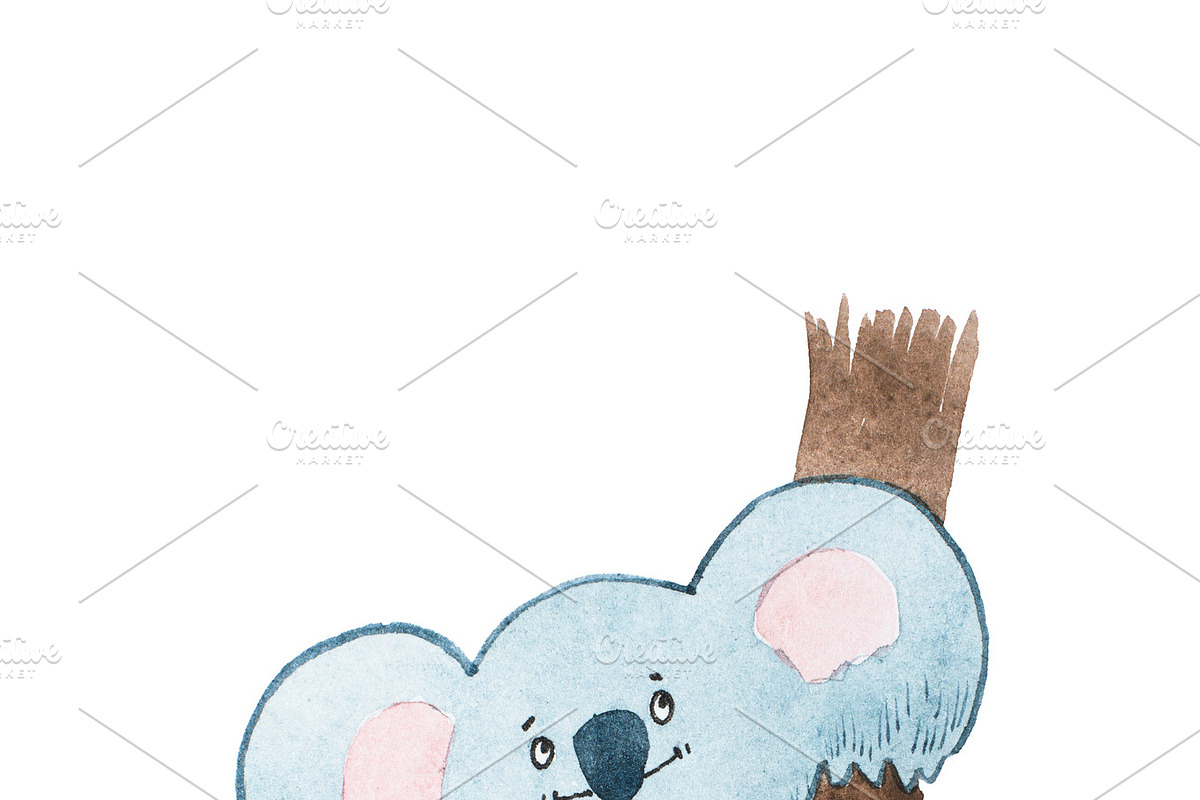 Aquarelle drawing of dreamy cartoon koala bear holding a leave sitting on a tree branch in Illustrations - product preview 8