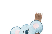 Aquarelle drawing of dreamy cartoon koala bear holding a leave sitting on a tree branch