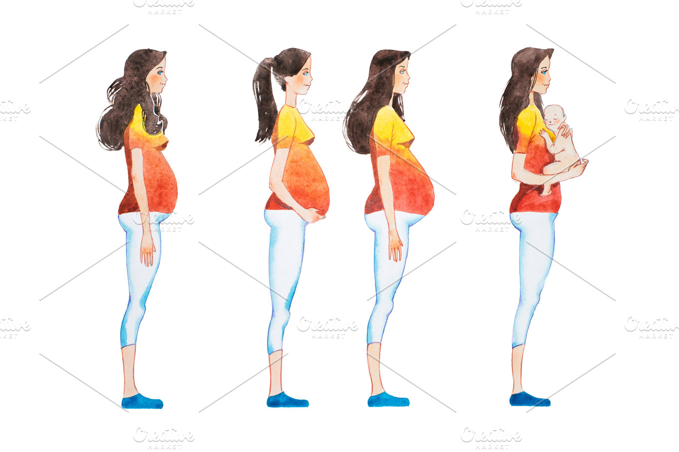 Cartoon illustration of pregnancy stages. Side view image ...