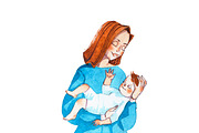 Young mom lulling her baby to sleep. Hand-drawn cartoon mother with infant