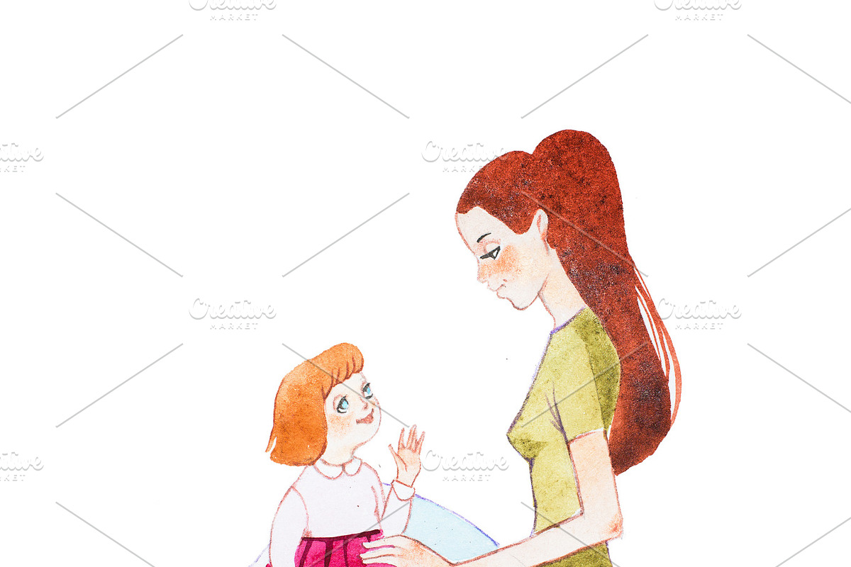 Young mother sitting on floor holding her toddler daughter on the laps in Illustrations - product preview 8