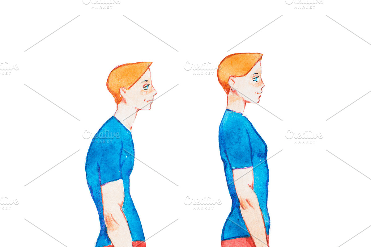 Watercolor illustration of people with right and wrong posture. Man with normal healthy spine and abnormal sick spine in comparison in Illustrations - product preview 8
