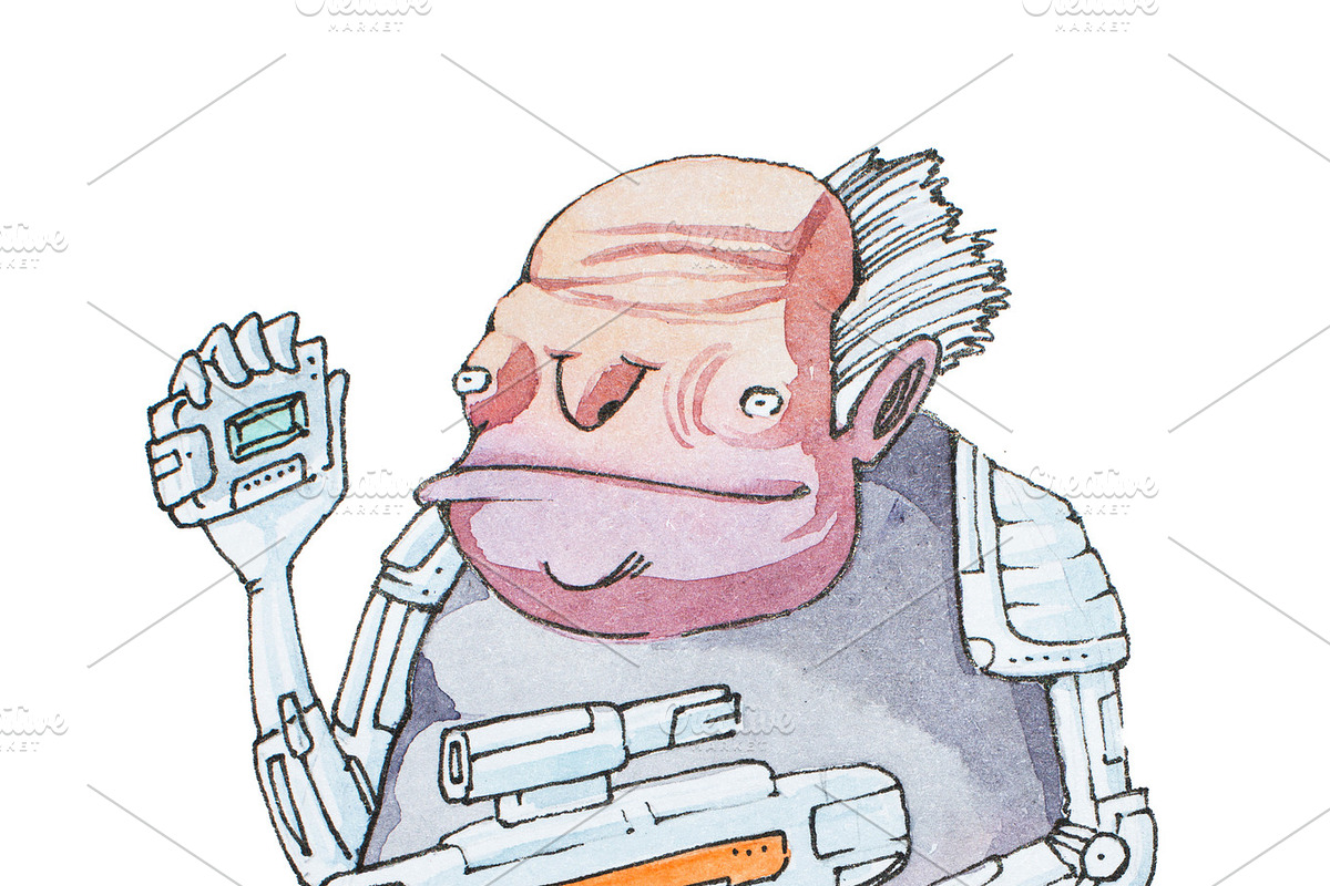 Hand-drawn illustration of short decrepit-looking old man in futuristic costume holding a weapon and electronic gadget in Illustrations - product preview 8