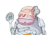 Hand-drawn illustration of short decrepit-looking old man in futuristic costume holding a weapon and electronic gadget