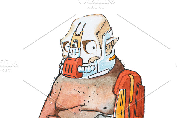 Hand-drawn comic character. Watercolor sketch of cyborg man with robotic mask and prosthetic robot arm used as a weapon.