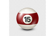 Billiard,yellred ow pool ball with number 15.Snooker. Transparent background.Vector illustration.