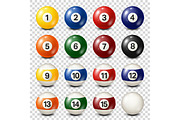 Billiard,pool balls collection. Snooker. Transparent background. Vector illustration.
