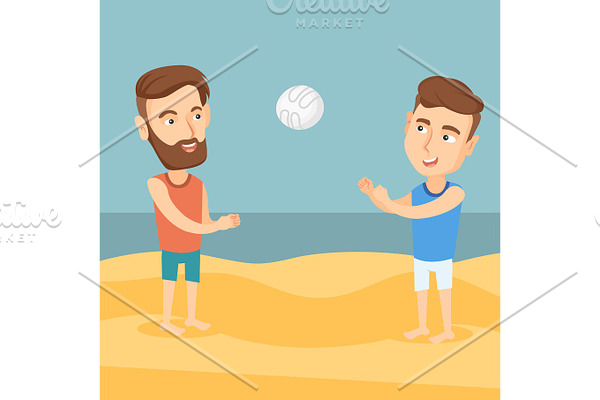 Two men playing beach volleyball.