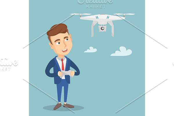 Man flying drone vector illustration.