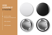 Pin buttons. Vector black, white set