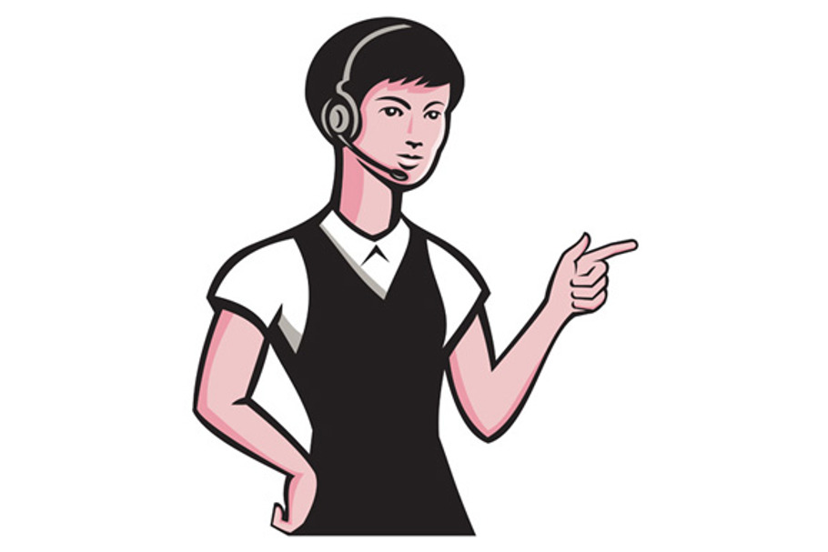 young female headset pointing