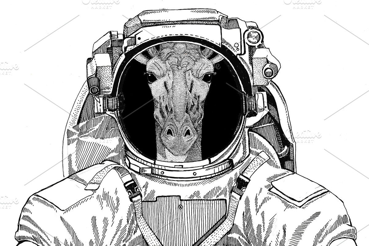 Camelopard, giraffe wearing space suit Wild animal astronaut Spaceman Galaxy exploration Hand drawn illustration for t-shirt in Illustrations - product preview 8