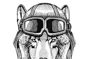 Wolf Dog Aviator, biker, motorcycle Hand drawn illustration for tattoo, emblem, badge, logo, patch