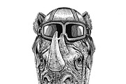 Rhinoceros, rhino wearing leather helmet Aviator, biker, motorcycle Hand drawn illustration for tattoo, emblem, badge, logo, patch