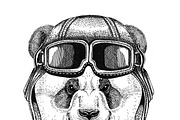 Panda bear, bamboo bear wearing leather helmet Aviator, biker, motorcycle Hand drawn illustration for tattoo, emblem, badge, logo, patch