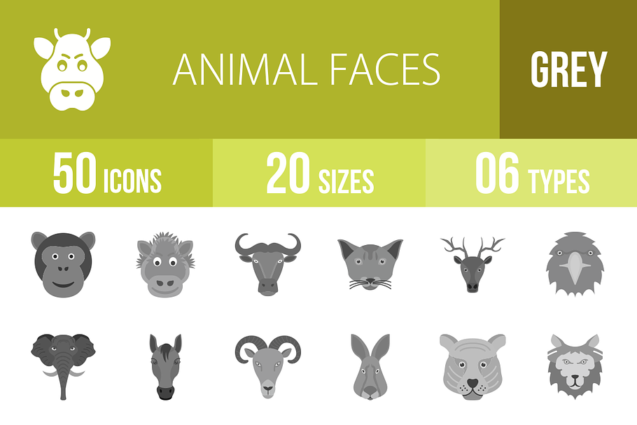 50 Animal Faces Greyscale Icons in Icons - product preview 8