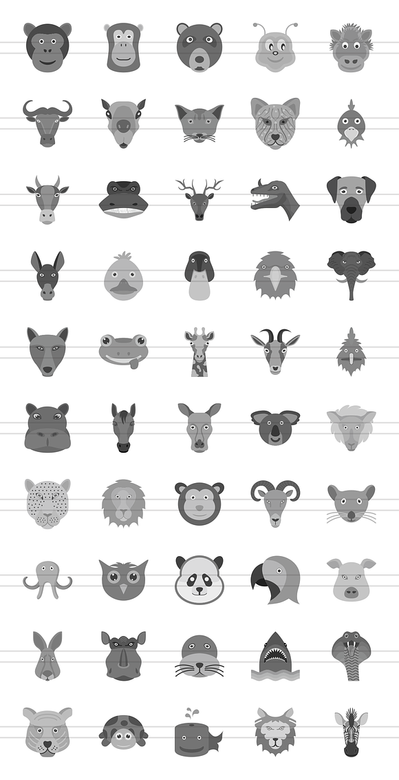 50 Animal Faces Greyscale Icons in Icons - product preview 1