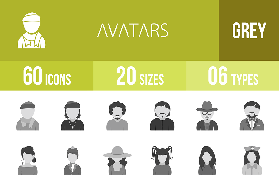 60 Avatars Greyscale Icons in Graphics - product preview 8