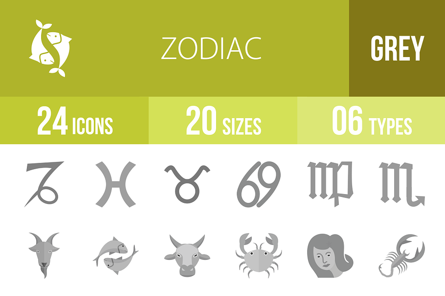 24 Zodiac Greyscale Icons in Icons - product preview 8
