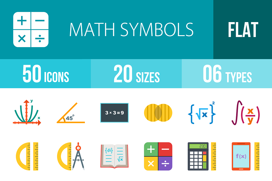 50 Math Symbol Flat Multicolor Icons