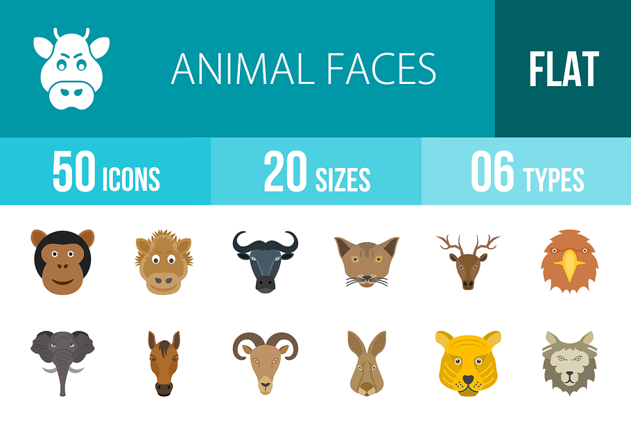 50 Animal Faces Flat Multicolor Icon