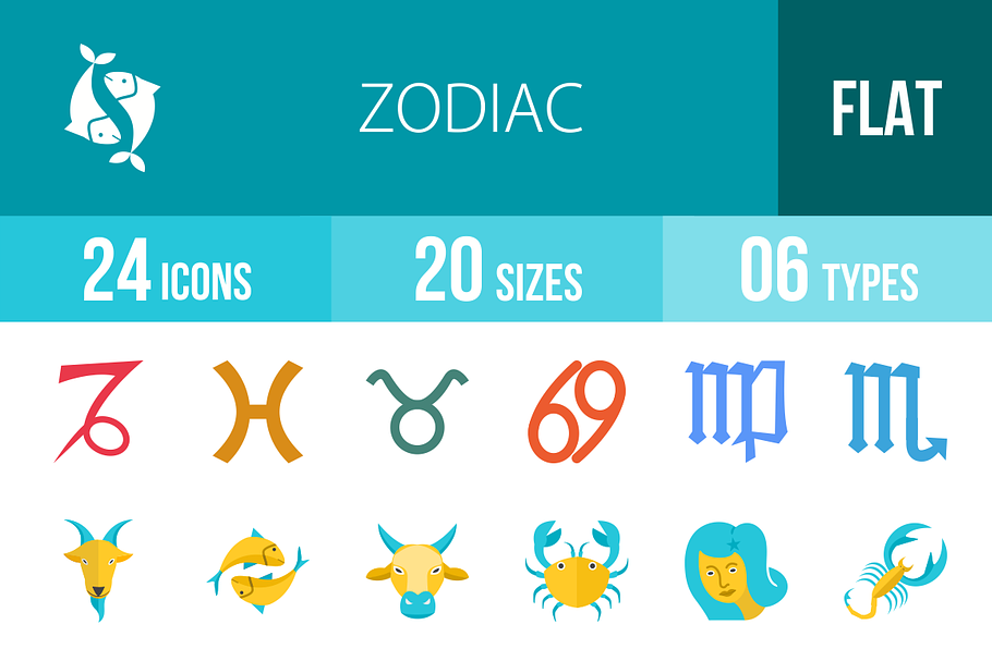 24 Zodiac Flat Multicolor Icons