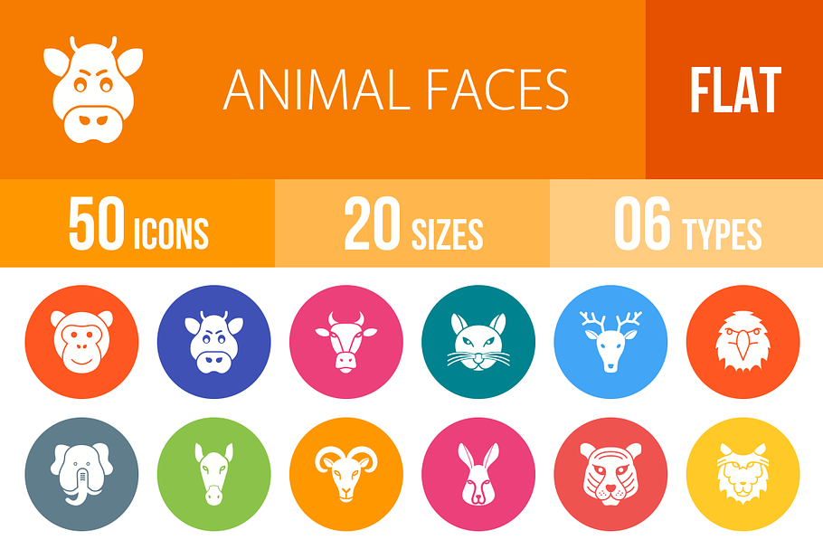 50 Animal Faces Flat Round Icons