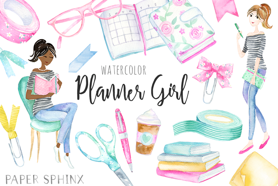 Watercolor Planner Girl Pack in Illustrations - product preview 8