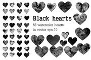 Set of black watercolor hearts