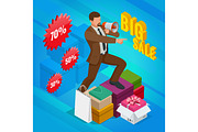 Isometric Man with loudspeaker. E-commerce, shopping, discount, Big sale, buy now concept.