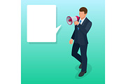 Isometric Man with loudspeaker flat vector illustration. Speaker or loudspeaker.