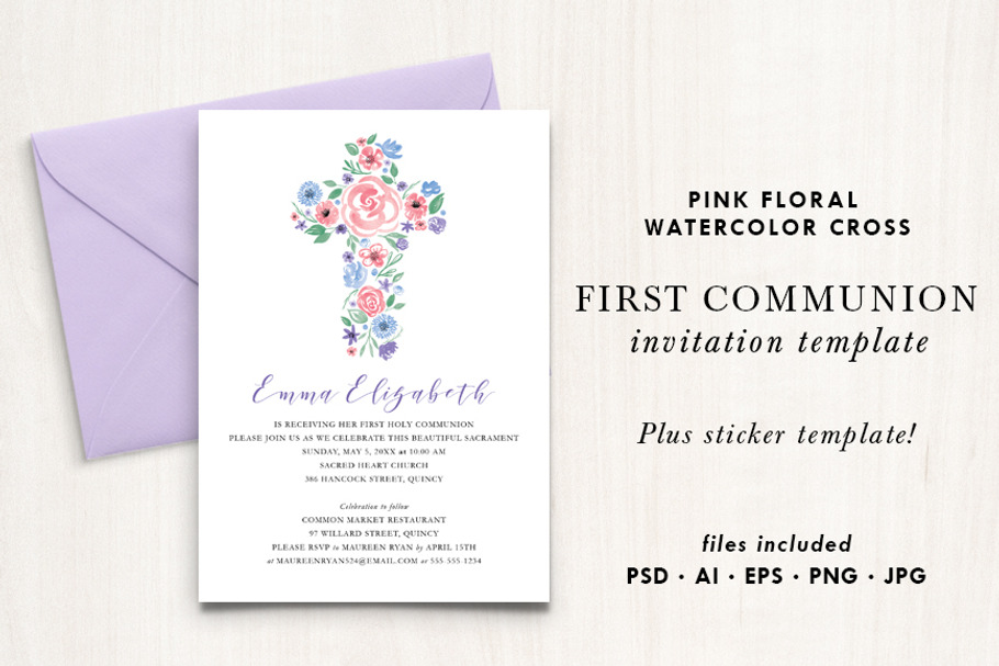 Watercolor Floral Cross Invitation
