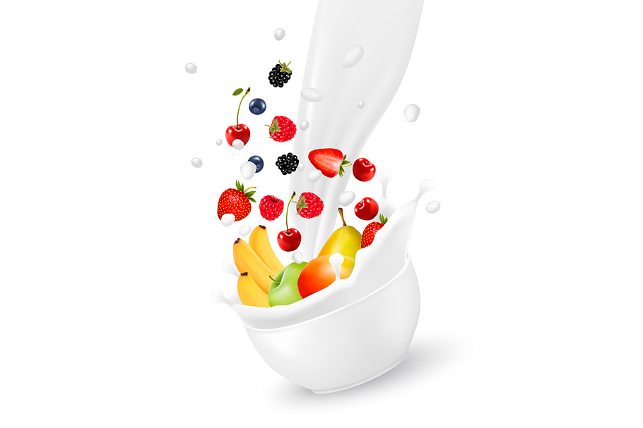 Fresh fruit  falling into the milk in Illustrations - product preview 8