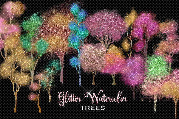 Glitter Watercolor Trees Clipart