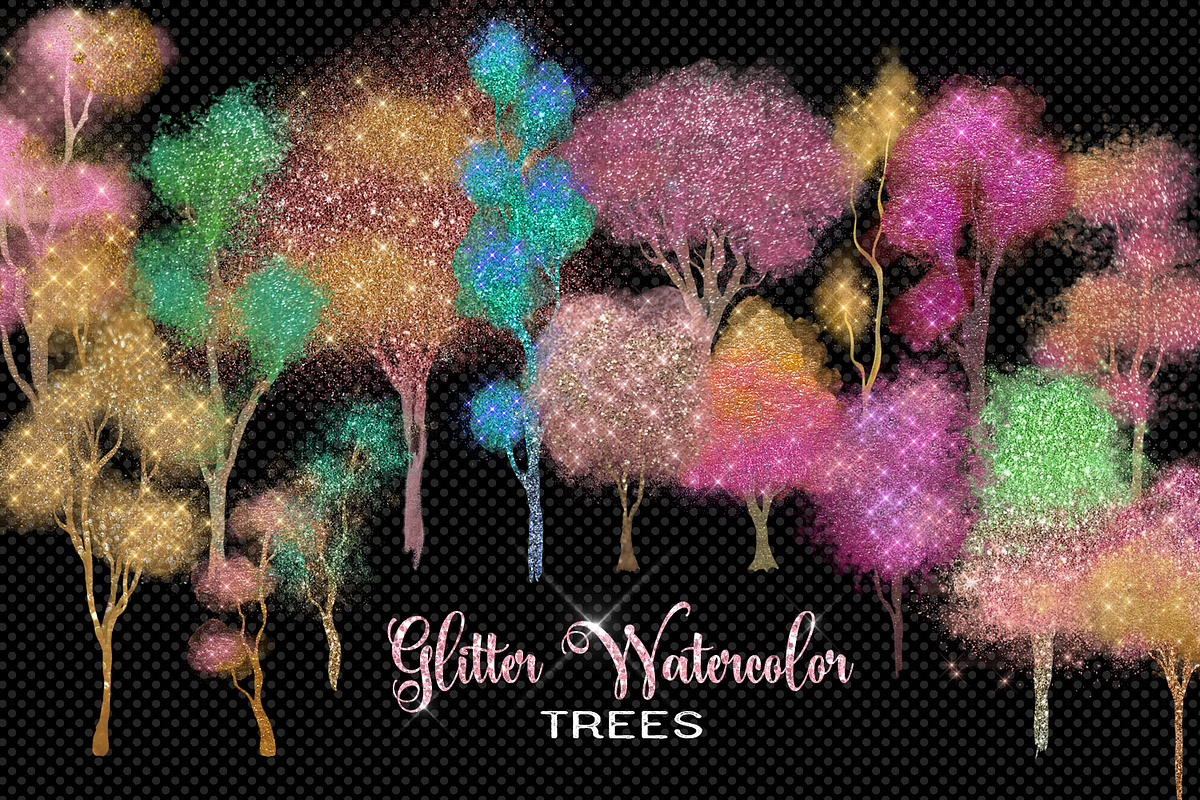 Glitter Watercolor Trees Clipart in Objects - product preview 8